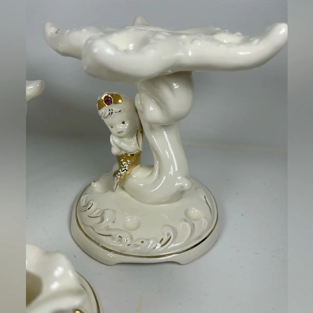 Vintage Napco Princess mermaid all ceramic 3 piece bathroom set Mid century RARE